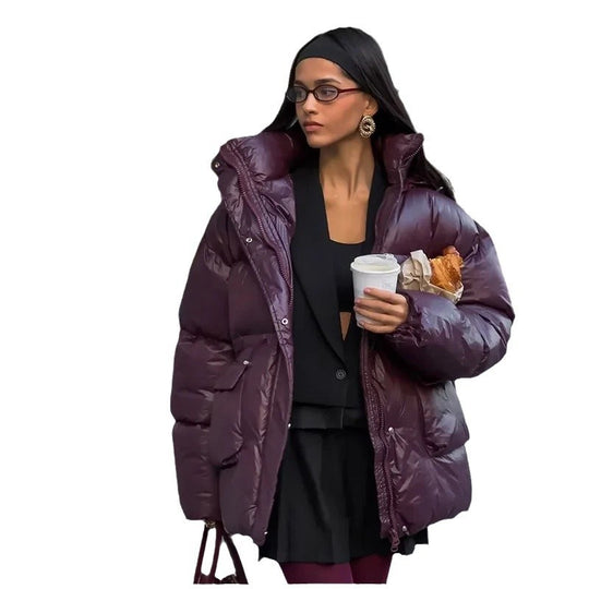 Damen modische oversized Daunenjacke mit Taillengürtel und seitlichen Taschen R&B