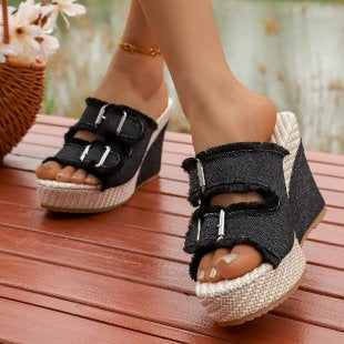 Damen Wedge-Pantoletten mit modischen Fransen und verstellbaren Schnallen R&B