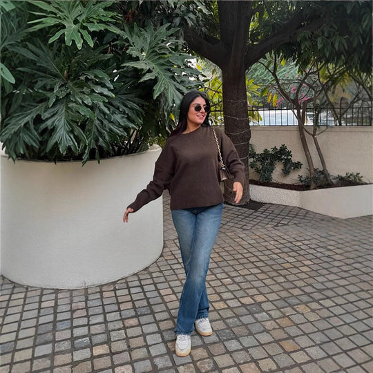 Damen Bequemer Oversized Crewneck Pullover R&B