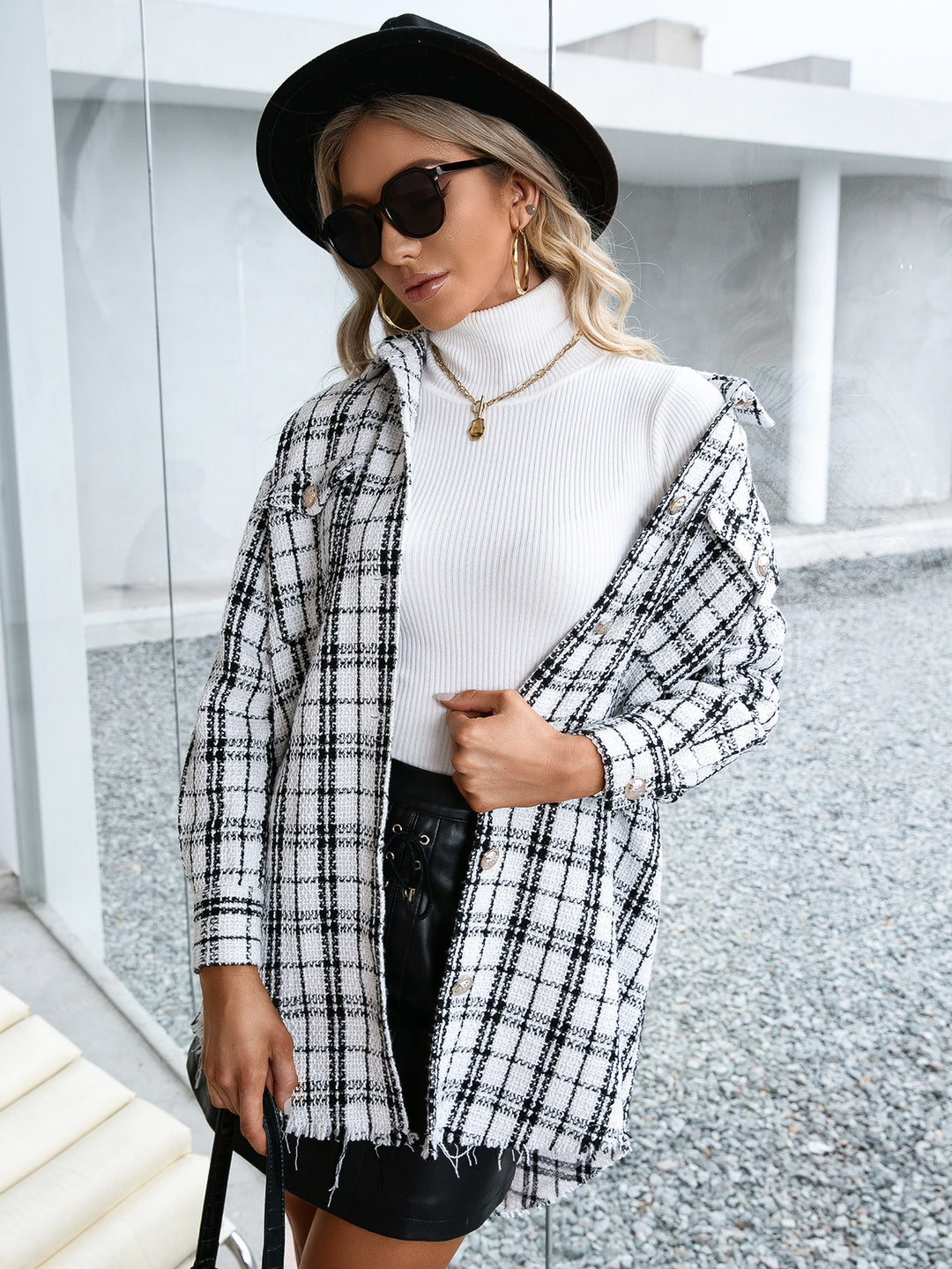 Damen Karierte Overshirtjacke mit lässigem Schnitt und Fransen R&B