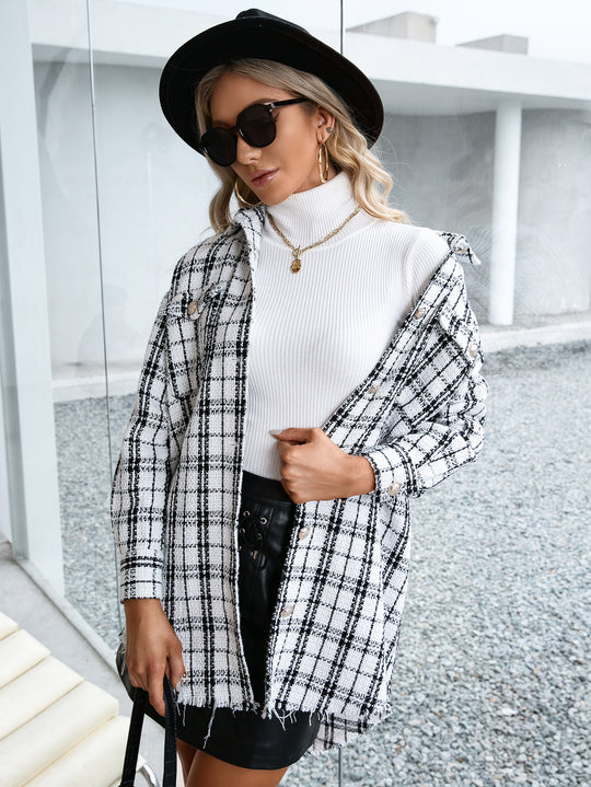 Damen Karierte Overshirtjacke mit lässigem Schnitt und Fransen R&B