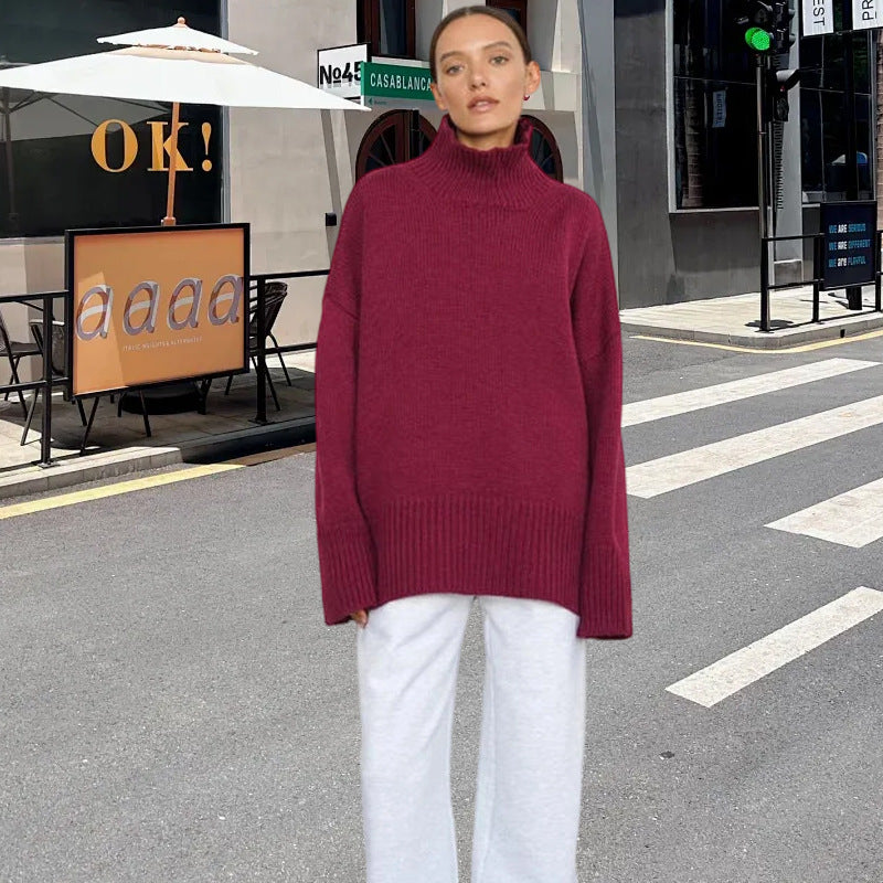 Damen Strickpullover mit hohem Kragen und weitem Schnitt R&B