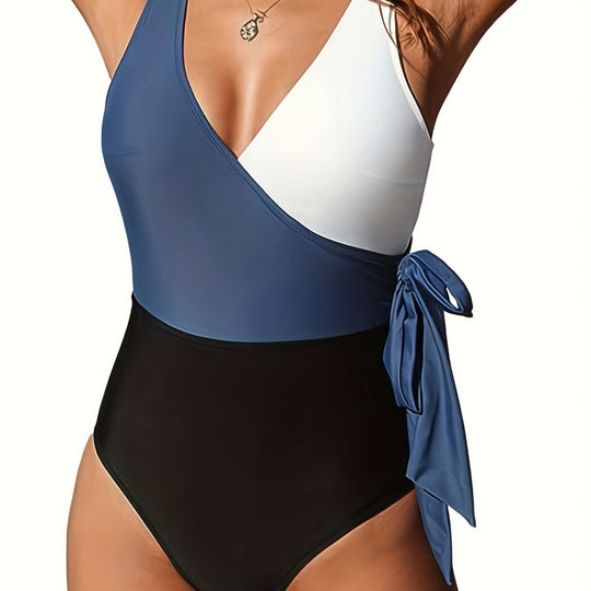 Damen Einteiliger Badeanzug mit modischem Wickeldesign und seitlichem Bindeband R&B