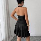 Damen nan Halter-Midikleid mit Wasserfall-Ausschnitt, taillierter Raffung und stufenweisem Volantrock R&B