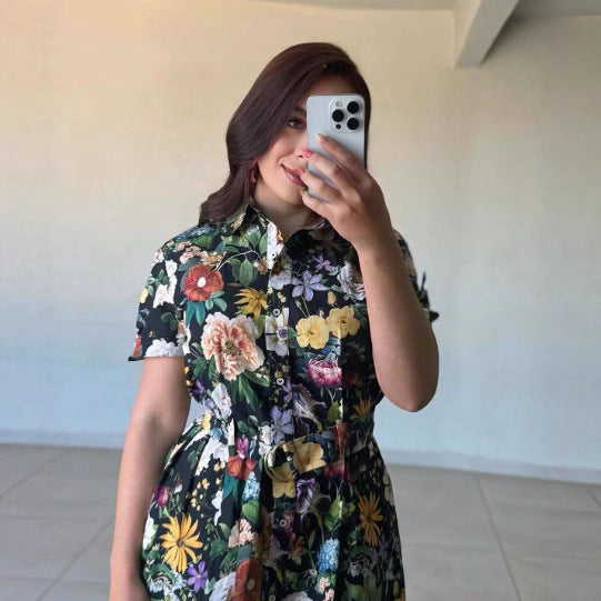Damen florales Midikleid mit elegantem Kragen und Taillengürtel R&B