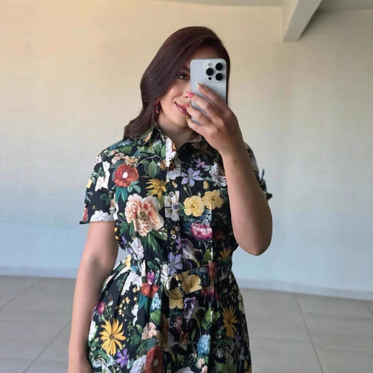 Damen florales Midikleid mit elegantem Kragen und Taillengürtel R&B