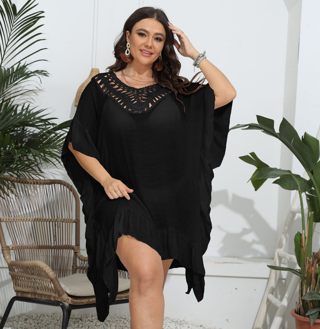 Damen luftiger Strandponcho mit gehäkeltem Ausschnitt R&B