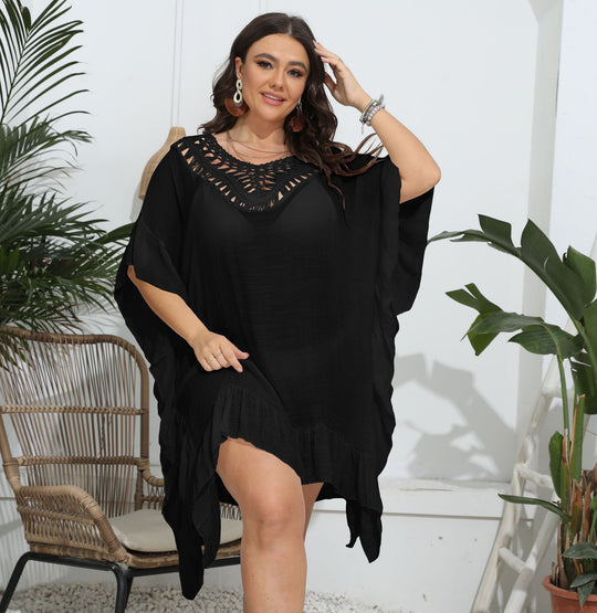 Damen luftiger Strandponcho mit gehäkeltem Ausschnitt R&B