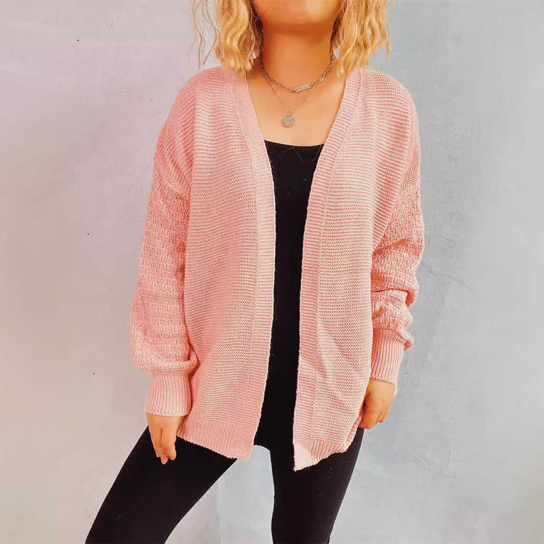 Damen lässige Strickjacke mit voluminösen Ärmeln und modernem Strukturmuster R&B