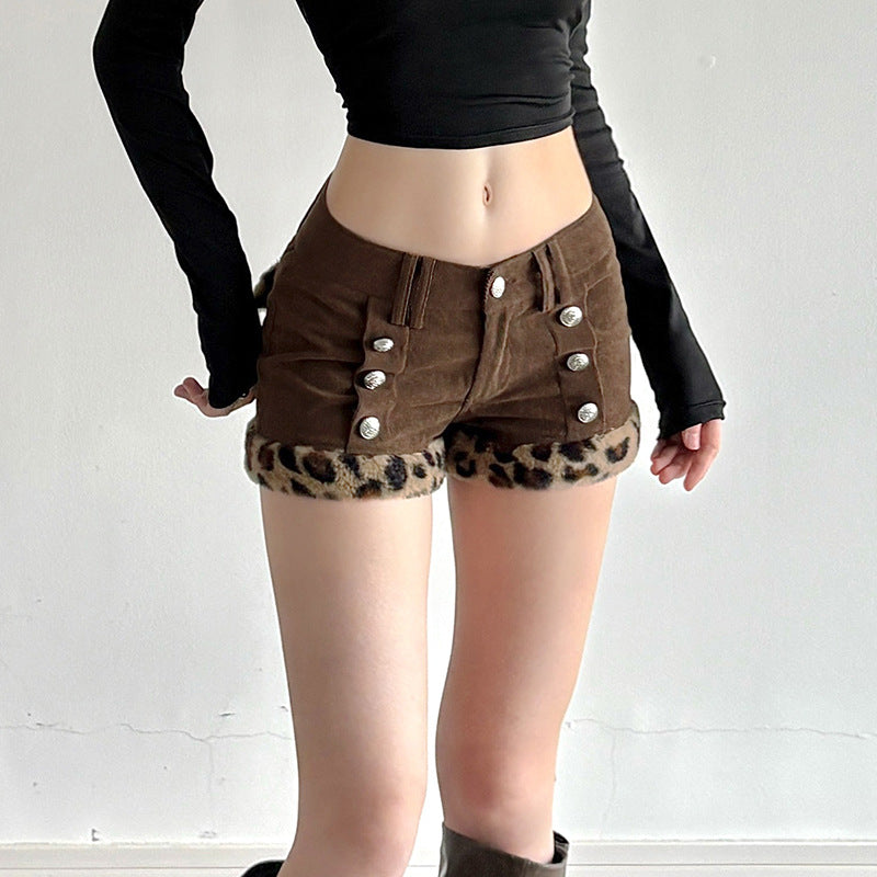 Damen Shorts mit eleganten Knopfdetails und trendigem Leopardenbesatz R&B
