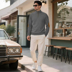 Herren nan edler Knopfsweater im Zopfmuster mit hohem Stehkragen und Wildleder-Ellenbogenpatches R&B