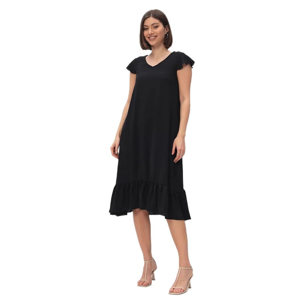 Damen Midi-Kleid mit modischem V-Ausschnitt und Rüschensaum R&B