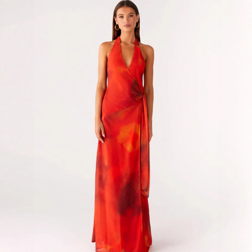 Damen Wickelmaxikleid mit tiefem V-Ausschnitt und fließendem Saum R&B