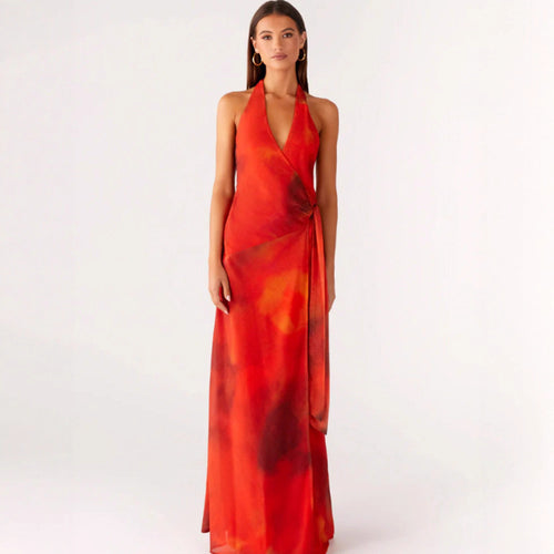 Damen Wickelmaxikleid mit tiefem V-Ausschnitt und fließendem Saum R&B