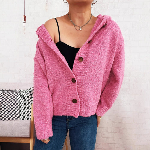 Damen kuschelige Strickjacke mit Kapuze und Knopfdetails R&B