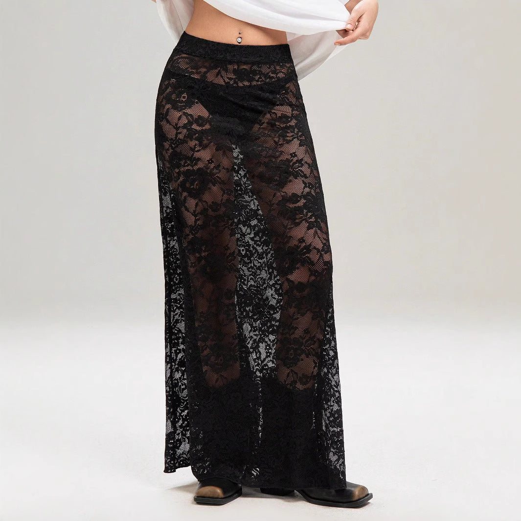 Damen nan weites Baumwollshirt und langer transparenter Spitzenrock R&B