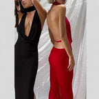 Damen Maxikleid mit elegantem Wasserfallausschnitt und figurbetontem Design R&B