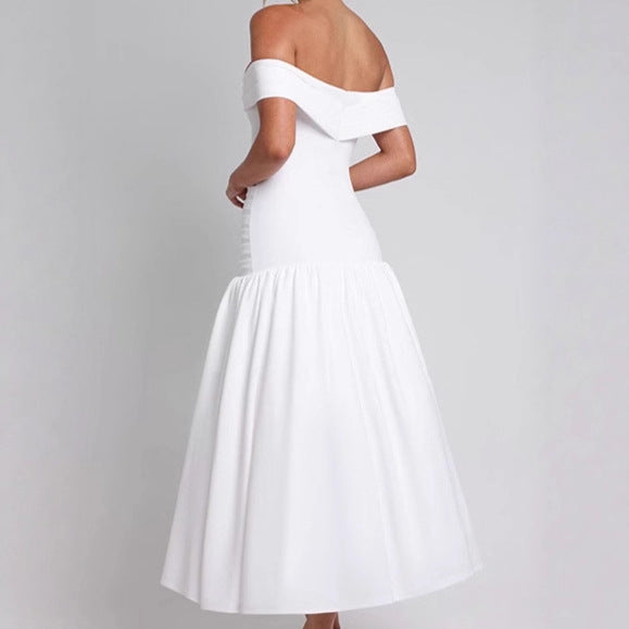 Damen Hochwertiges Off-Shoulder Maxikleid mit tailliertem Schnitt und fließendem Rock R&B