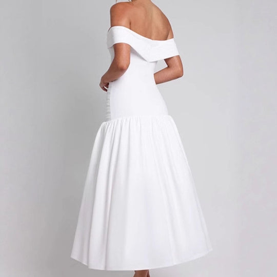 Damen Hochwertiges Off-Shoulder Maxikleid mit tailliertem Schnitt und fließendem Rock R&B