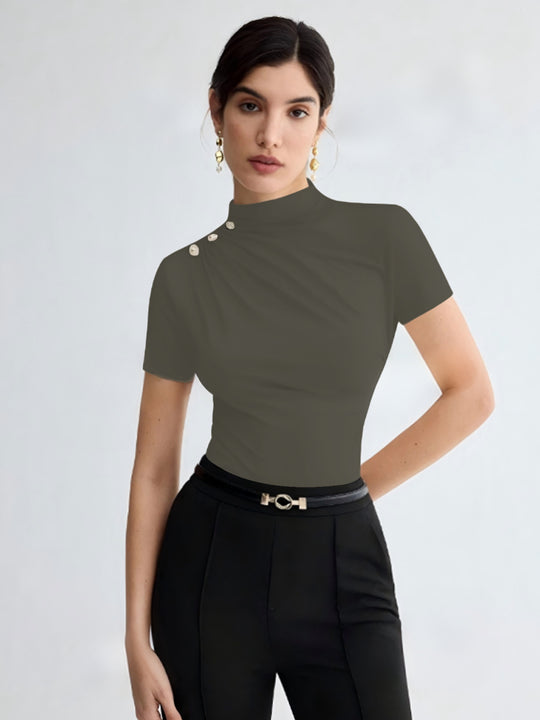 Damen elegantes Oberteil mit dekorativen Knopfdetails und modernem Stehkragen R&B