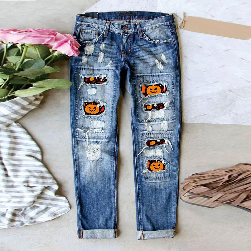 Damen Ripped Jeans mit Halloween-Motiv R&B