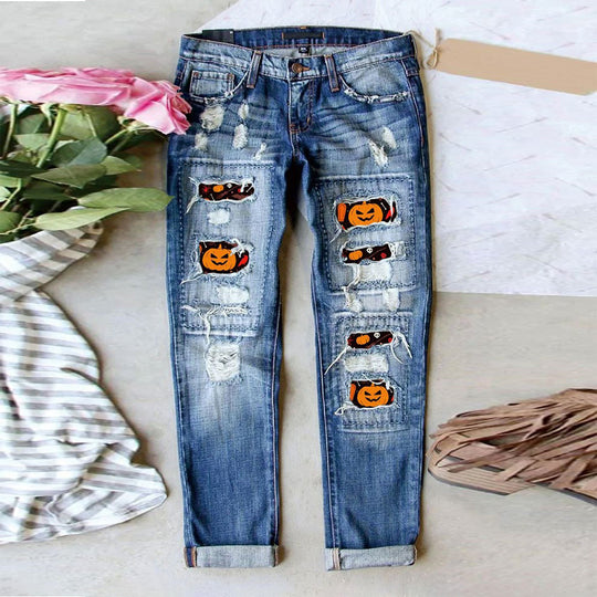 Damen Ripped Jeans mit Halloween-Motiv R&B