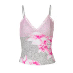 Damen Spaghettiträger Top mit Blumenmuster und Spitze R&B