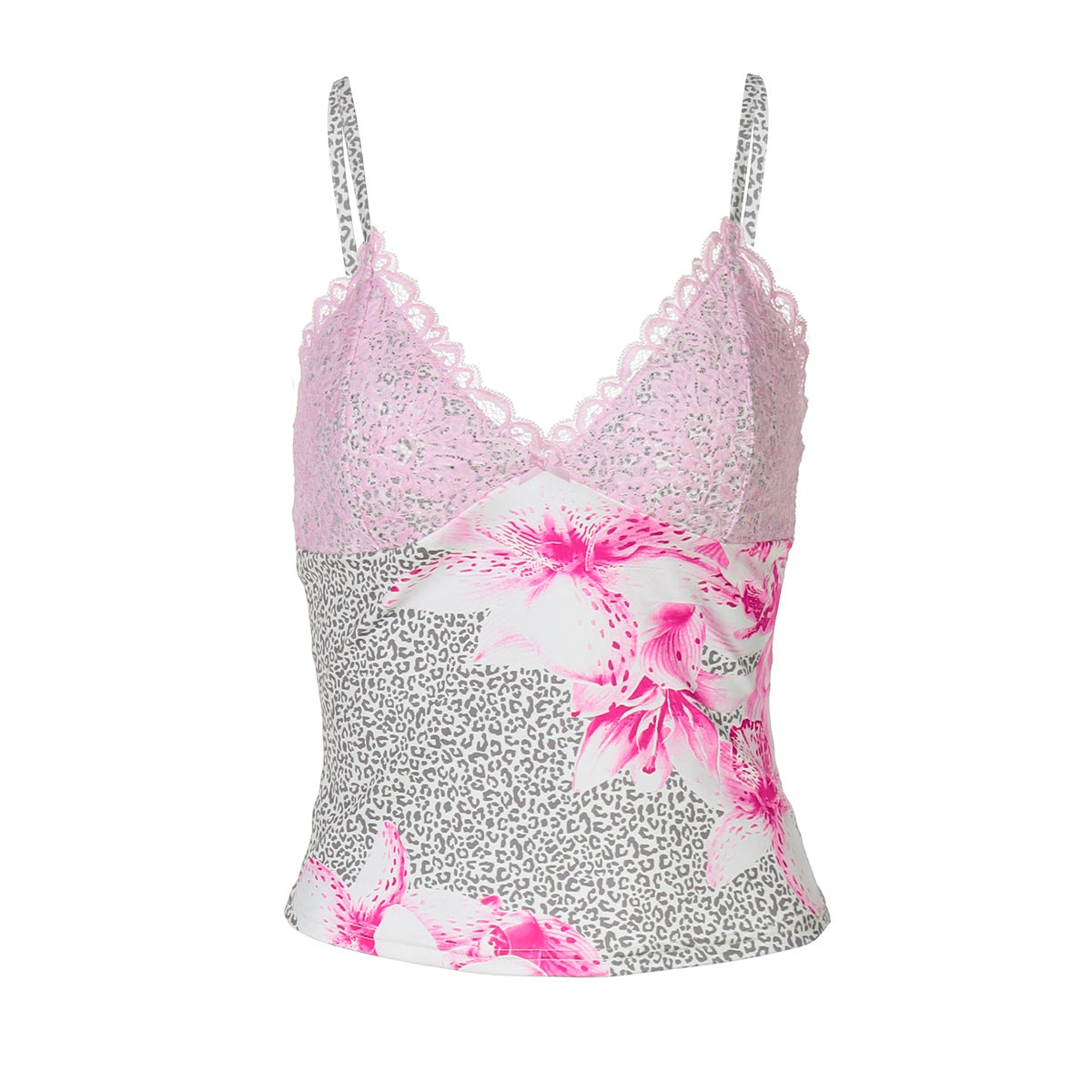 Damen Spaghettiträger Top mit Blumenmuster und Spitze R&B