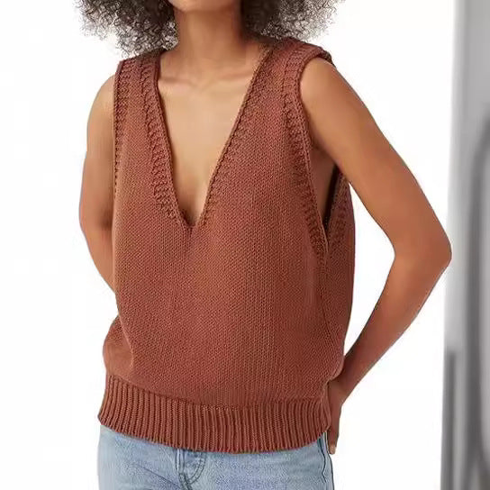 Damen lässiger Strickpullover ohne Ärmel mit tiefem V-Ausschnitt R&B