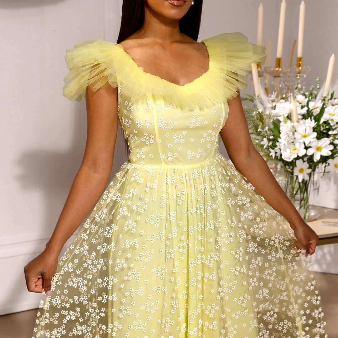 Damen Festliches Midikleid mit floralen Spitzenapplikationen und voluminösen Tüllärmeln R&B