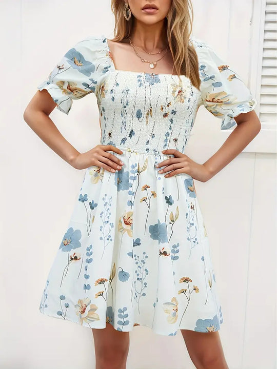 Damen Verspieltes Sommerkleid mit elastischem Taillenbund und schulterfreien Puffärmeln R&B