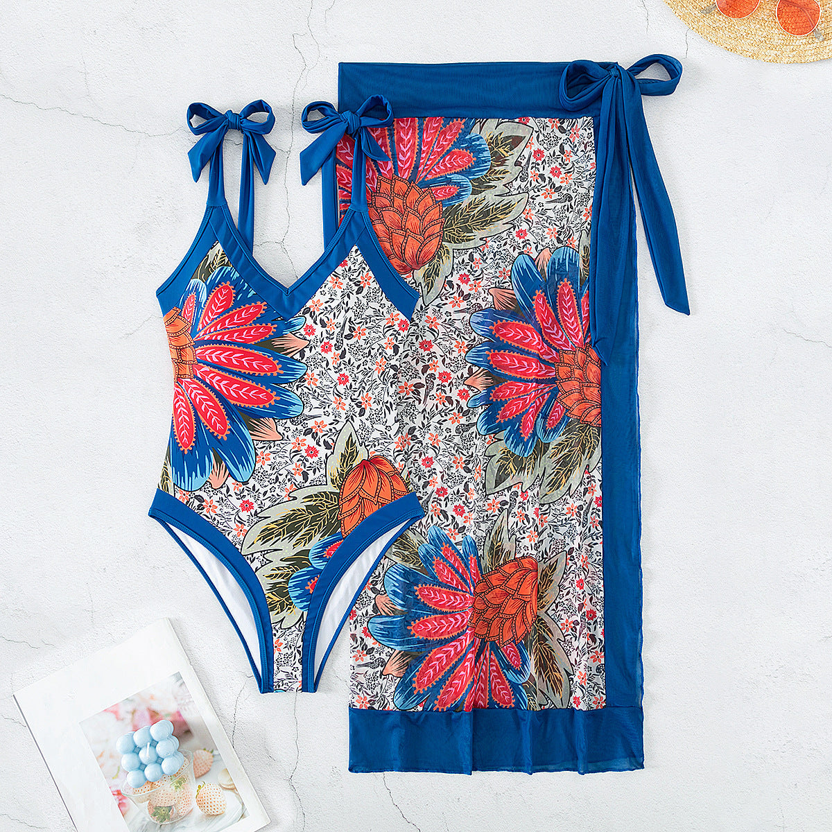 Damen Eleganter One-Piece Badeanzug mit floralem Wickeltuch R&B