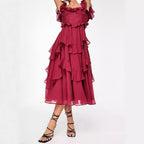Damen Rüschen Maxikleid mit fließendem Schnitt und romantischem Design R&B