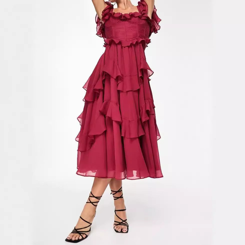 Damen Rüschen Maxikleid mit fließendem Schnitt und romantischem Design R&B