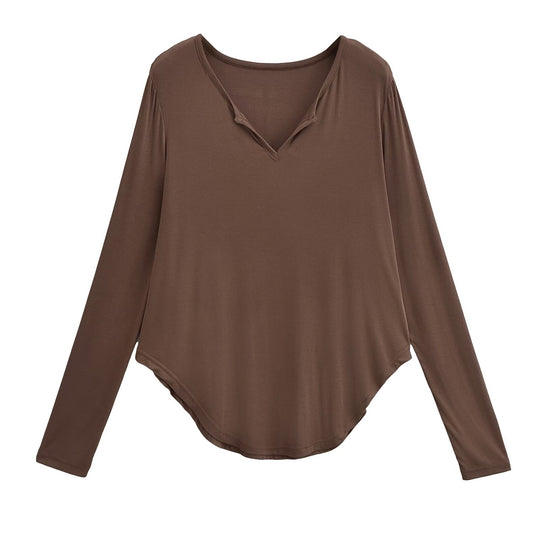 Damen lässiges Longsleeve-Oberteil mit V-Ausschnitt und geschwungenem Saum R&B