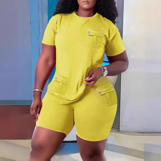 Damen Sportliches Oberteil und Shorts Set mit praktischen Taschen R&B