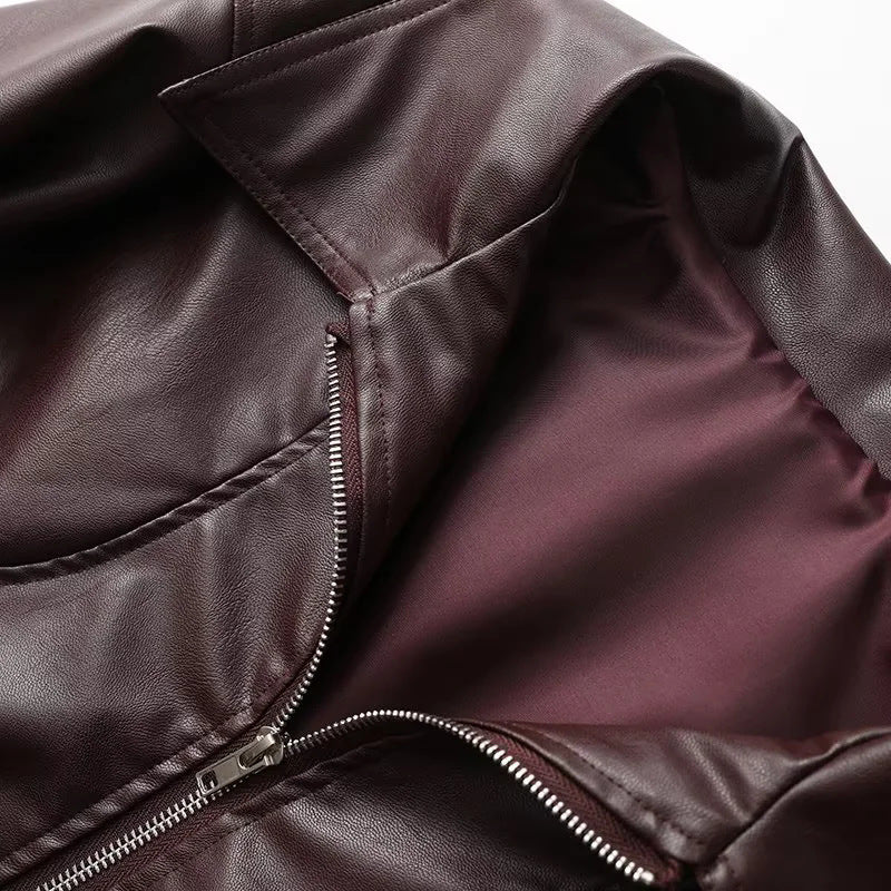 Damen modische Kunstlederjacke mit elegantem Revers und praktischen Taschen R&B