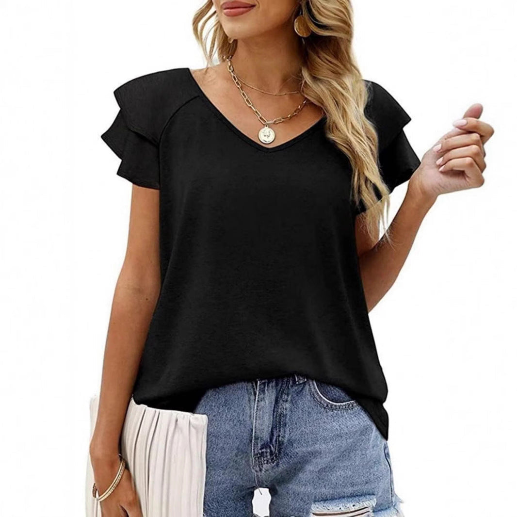 Damen V-Ausschnitt T-Shirt mit Rüschendetails R&B