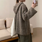 Damen bequemer Strickpullover mit Knopfleiste und Kapuze R&B