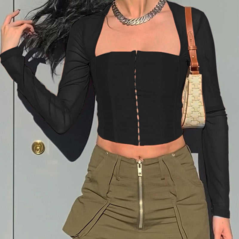 Damen Cropped Oberteil mit transparenten Ärmeln und strukturiertem Schnitt R&B