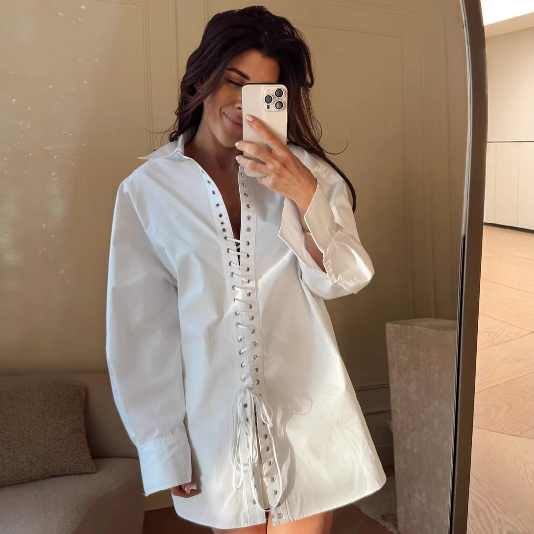 Damen Bluse mit eleganter Schnürung und modernem Kragen R&B