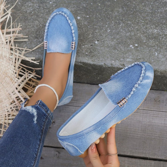 Damen nan lässige Denim-Mokassin-Slipper mit elastischem Einstieg und rutschfester Gummisohle R&B