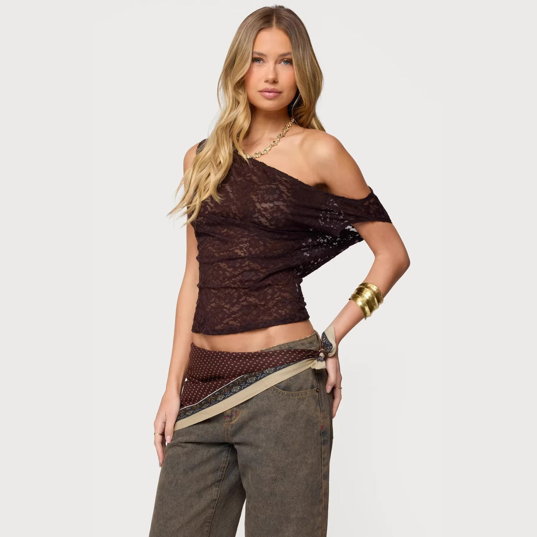 Damen Spitzenbluse mit asymmetrischem Design und lockerer Passform R&B