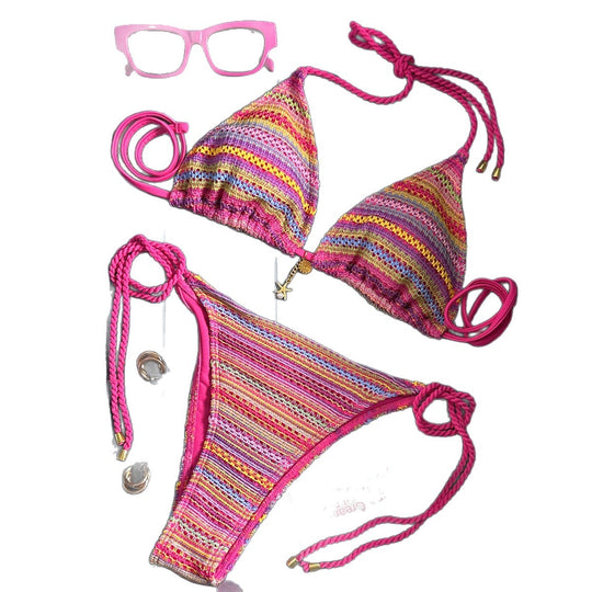 Damen Geflochtener Triangel-Bikini mit buntem Häkelmuster R&B