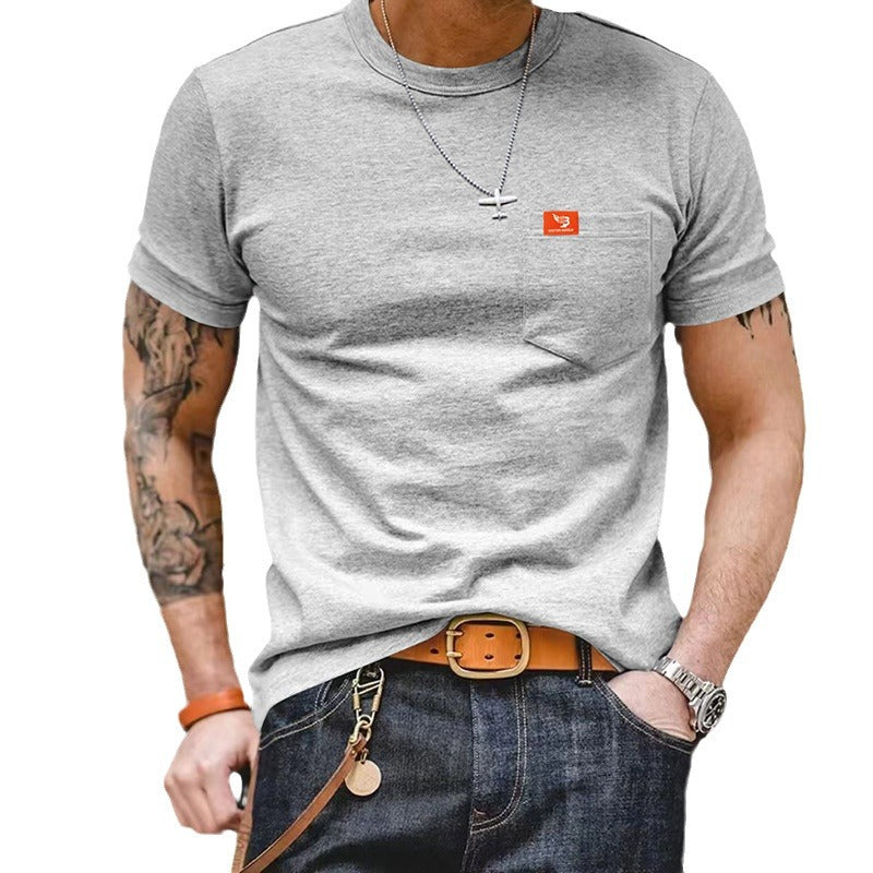 Herren klassisches Kurzarm T-Shirt mit Brusttasche aus hochwertiger Baumwolle R&B