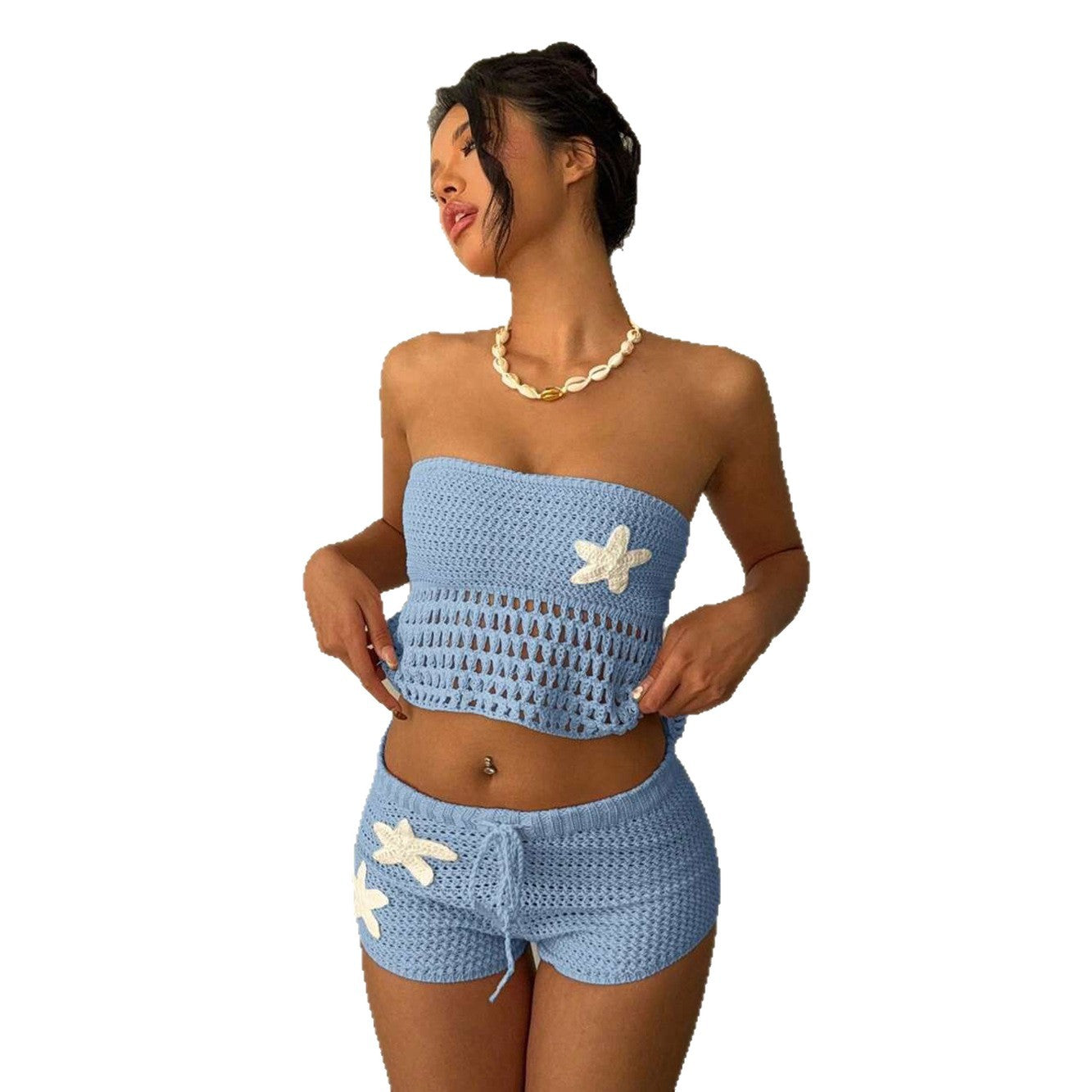 Damen gehäkeltes Strand-Set mit verstellbarem Oberteil und Shorts R&B