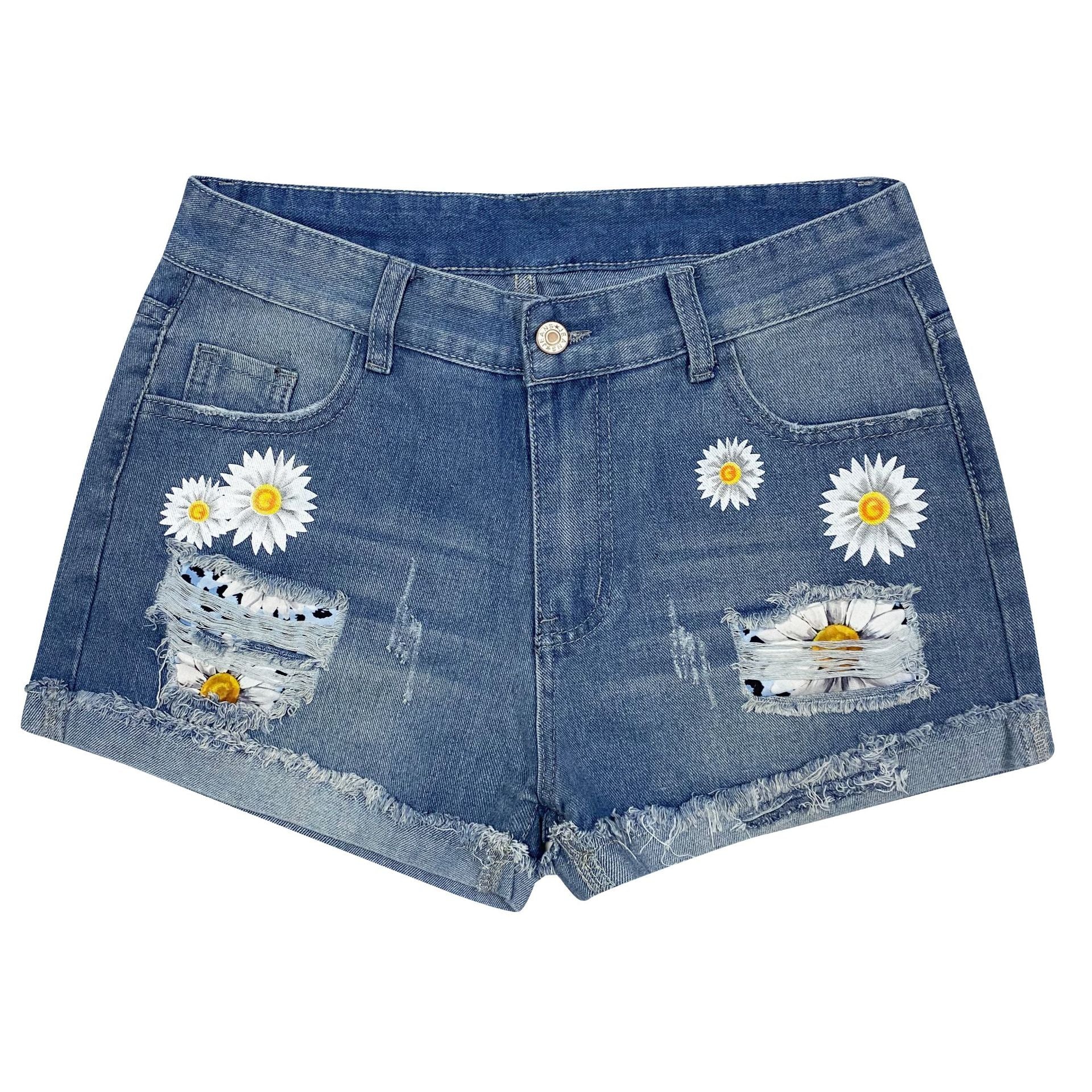 Damen Jeansshorts mit auffälligen Blumenapplikationen und lässigem Schnitt R&B