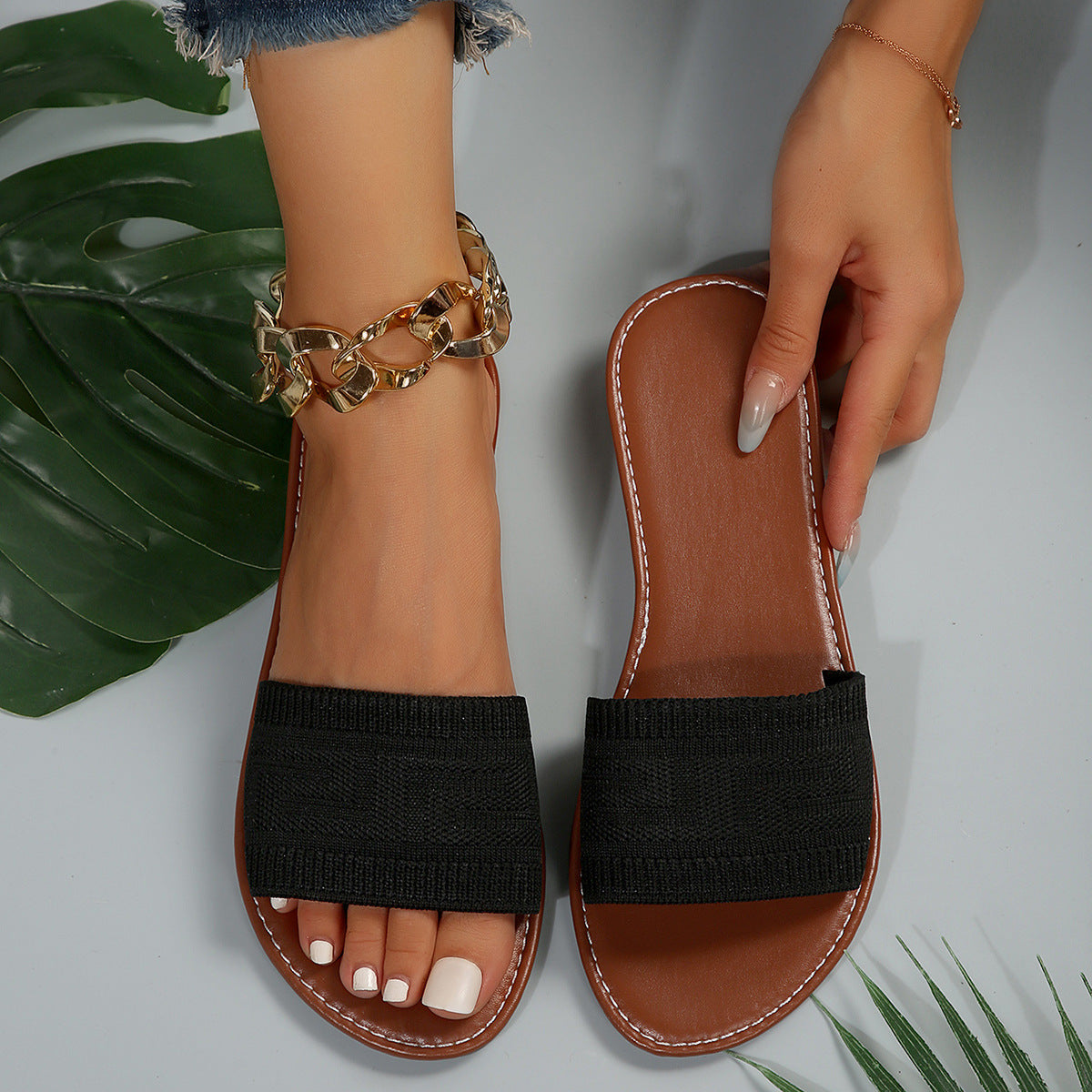 Damen trendige Slide-Sandalen mit elastischem Obermaterial und komfortabler Sohle R&B