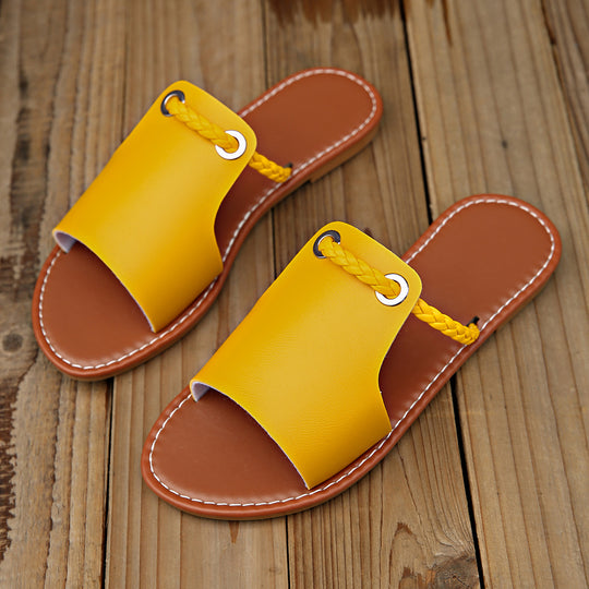 Damen nan elegante flache Pantolette mit breitem Obermaterial und geflochtenem Zehenriemen R&B