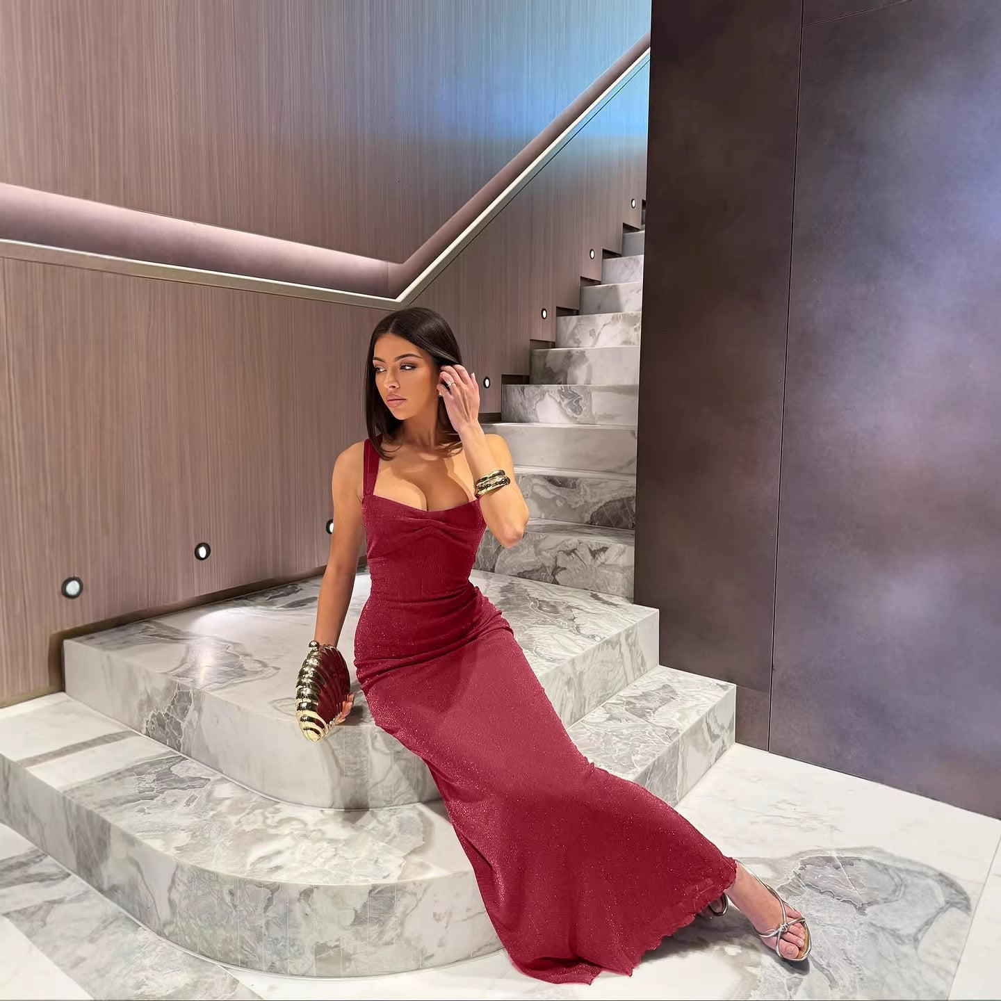 Damen Glitzerndes Maxikleid mit Carmen-Ausschnitt und figurformendem Schnitt R&B